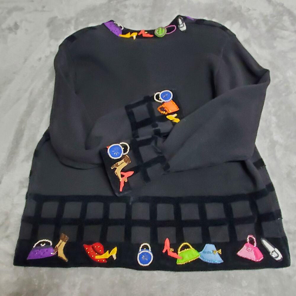 Vintage Just B Fashion Cardigan Sweater L Black Beaded Embellished Novelty - Picture 5 of 16